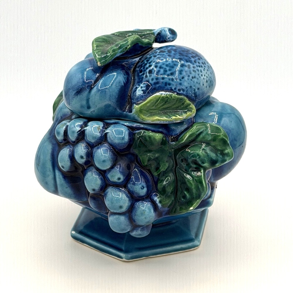 Vintage Giftcraft Mood Indigo Blue Jam Jar Fruit Ceramic E-2372 Japan Sugar Bowl